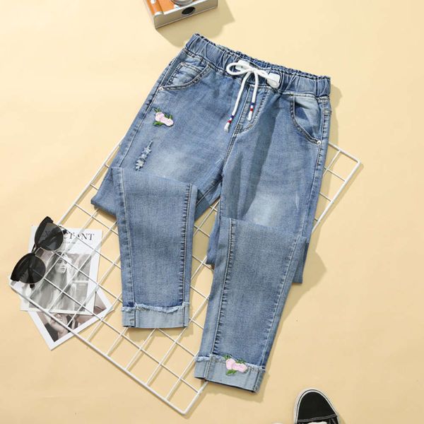 

large high waist elastic fat mm cropped pants small leg autumn style, Blue
