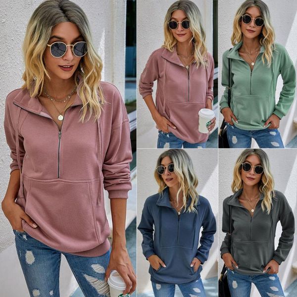 

women's hoodies & sweatshirts autumn winter zipper pocket pullover fashion casual sweatshirt turndown collar long sleeve stitching hood, Black