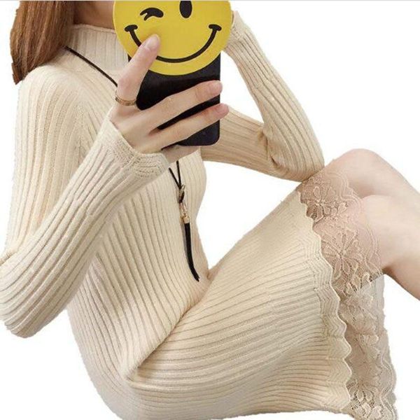 

casual dresses 2021 women spring autumn sweater knitted turtleneck slim elastic long sleeve lady patchwork lace, Black;gray