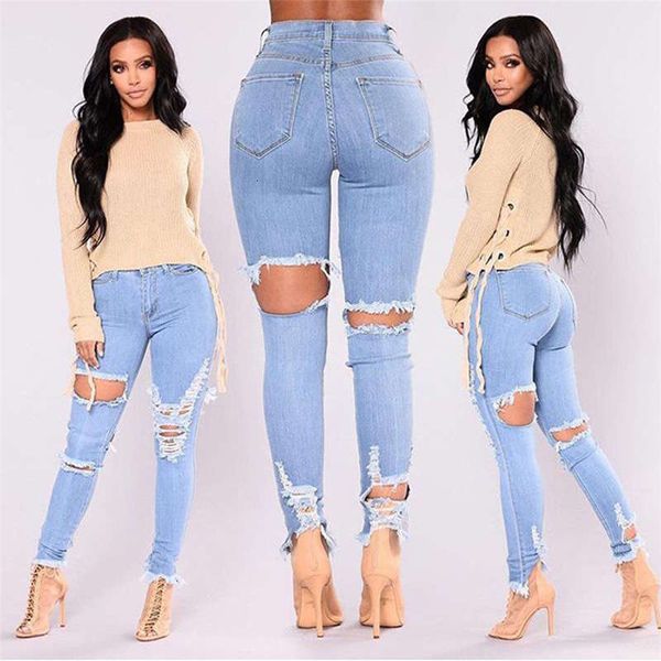 

women's jeans net red slim fit hole fringed leg pants r5wd, Blue