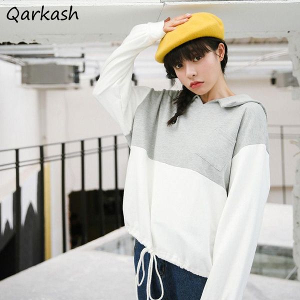

women's hoodies & sweatshirts women patchwork simple turn down collar chic korean style all match street wear draw string retro fashion, Black