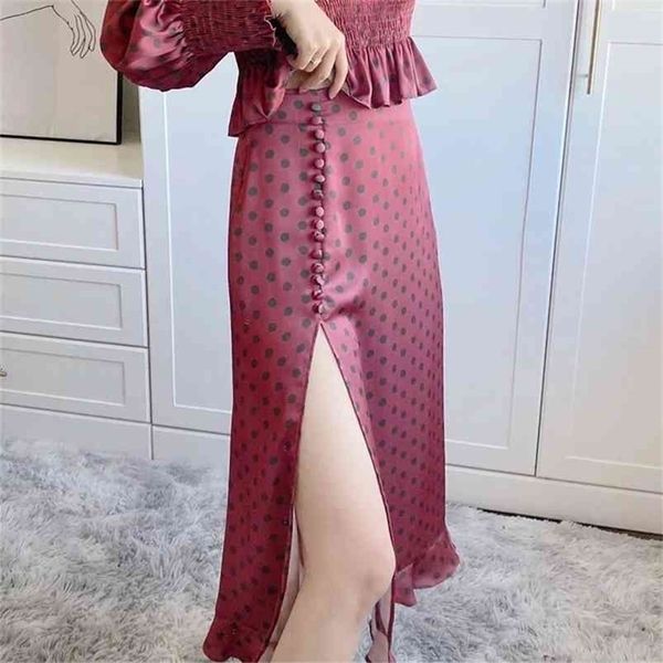 Кнопка атласная юбка женщин винтаж в горошек вина красный щель макси с высокой талией Boho ruchl a-line шелковый дно 210427