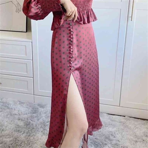 Botão Sala de cetim Mulheres Vintage Bolka Dot Vinho Vermelho Slit Maxi Cintura Alta Boho Ruffle A-Line Seda Bottom 210427