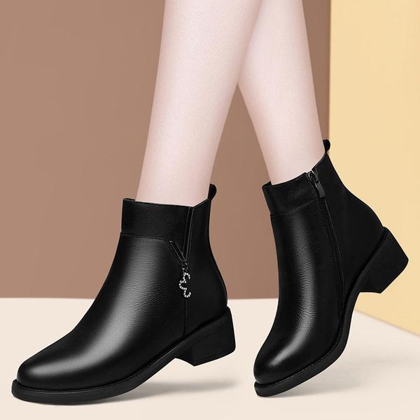 

boots women genuine leather ankle black spring winter fashion shoes for ladies casual footwear high heels n0009