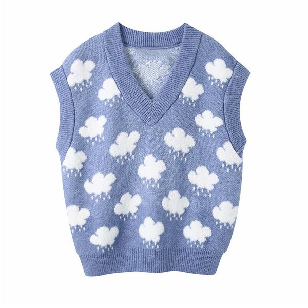 

women's sweaters casual, sleeveless female sweater sweater, cloud print, blue casual vest, v-neck, elastic r8t6, White;black