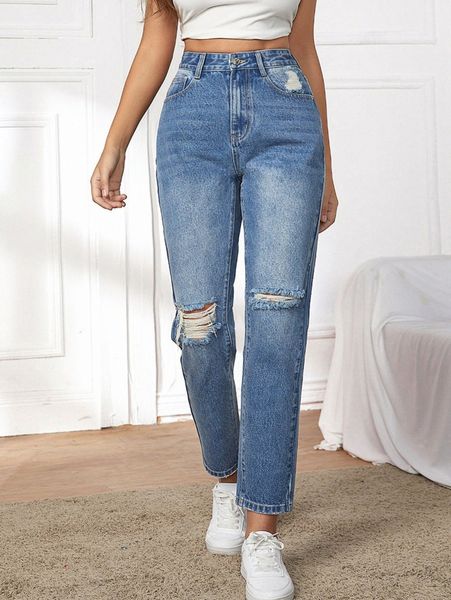 

high waist ripped mom cropped jeans x2wr#, Blue