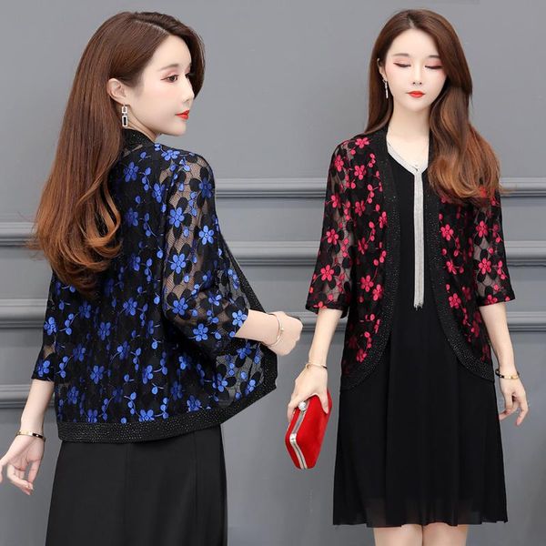

women's jackets summer 2021 fashion women cardigan crochet shrug long sleeve lace hollow out chiffon cape shurg thin coat f239, Black;brown