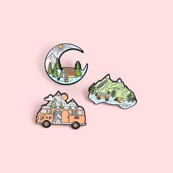

pins, brooches go camping enamel pins custom mountain moon tent motorhome shirt lapel badge bag outdoors jewelry gift for kids friends, Gray