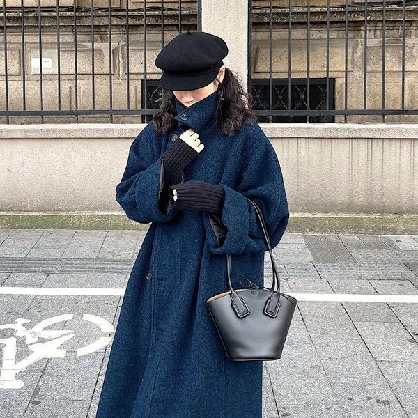 

women's wool & blends fashion long loose winter coat women elegant solid single breasted and jacket turn-down collar autumn, Black