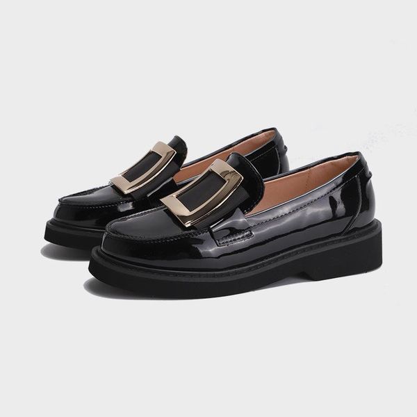 

thick-soled loafers 2021 patent leather square buckle rhinestone shoes dress, Black