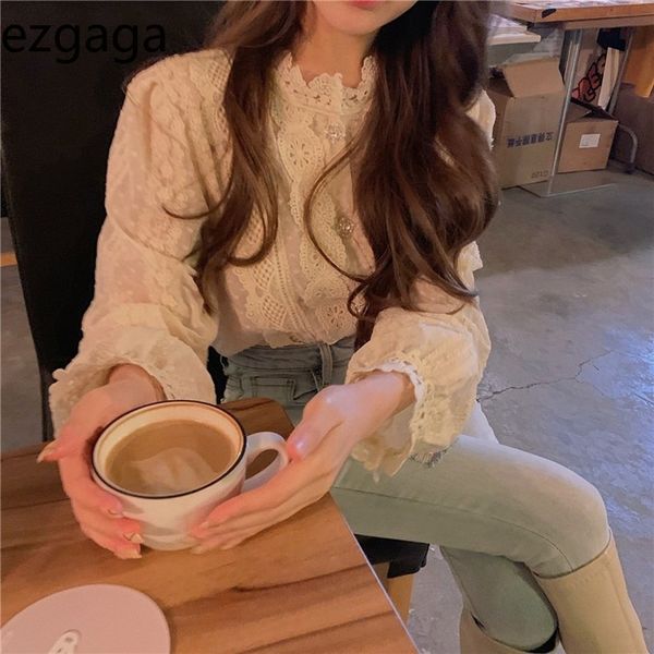

ezgaga elegant blouse shirts women fashion lace hollow out loose long sleeve single breasted all-match korean casual shirts 210430, White