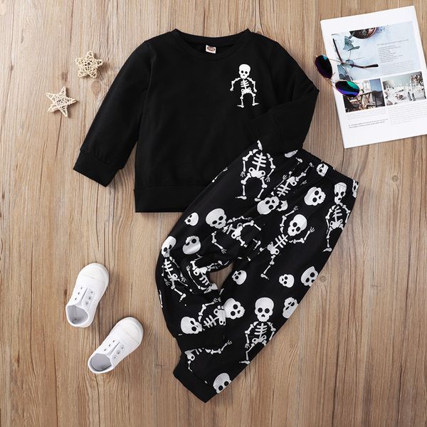 Baby Boys Roupas Conjuntos Primavera Outono Moda Roupas Criança Preto Collar Rodada de Manga Longa Casaco + Skull Imprimir Terno Para Crianças Médias Crianças Crianças Crianças Roupas