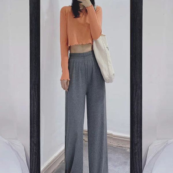 

drape wide leg pants women ice silk mopping pants high waist loose knit straight leg trousers streetwear women 210522, Black;white