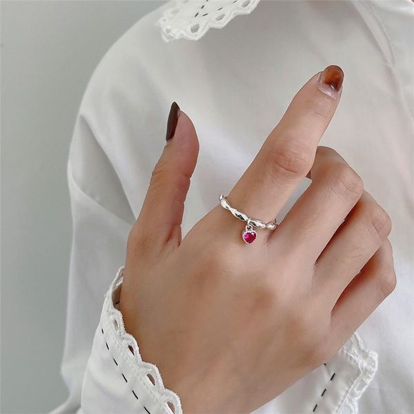 

cluster rings french style 925 sterling silver rose red heart bead ring for women girl geometric open adjustable statement jewelry, Golden;silver