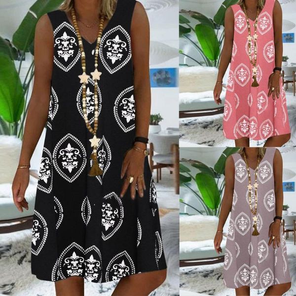 

s-5xl plus size dress summer women vintage printing short sleeve a line midi retro printed loose-fit beach casual 2021 dresses, Black;gray