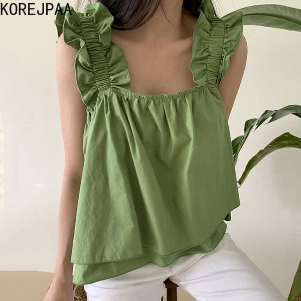 

korejpaa women vests summer korean chic ladies temperament square collar wooden ears loose hem double-layer doll camisole 210526, White