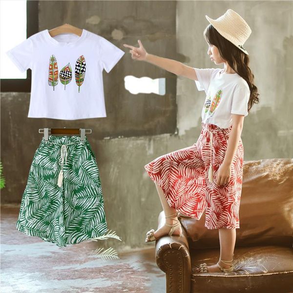 

kids girls summer sets childrens printed leaf culottes wide leg pants two piece suit trendy gt02, White