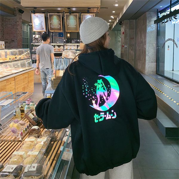 

women's hoodies & sweatshirts hoodie, made of reflective materials, casual, loose, long sleeves, harajuku cartoon printing, street clot, Black