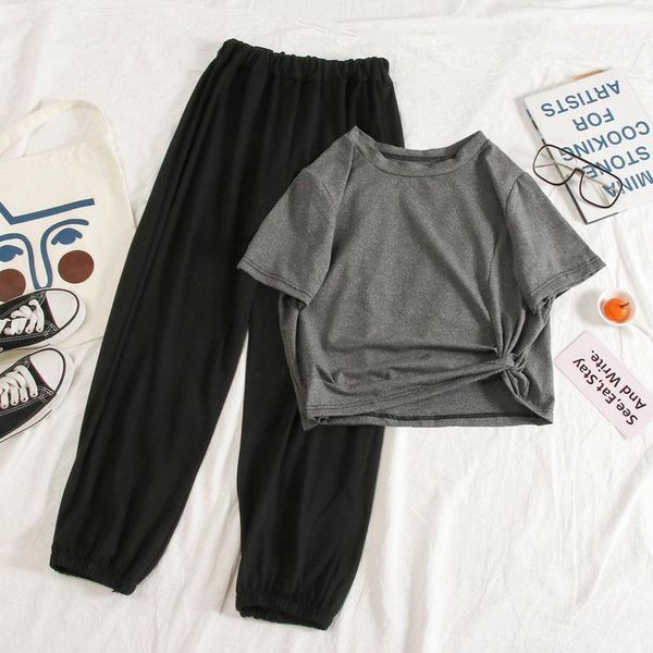 

summer clothes solid short womens tracksuits t shirt mid korean leisure hallen wide leg pants suit female two piece, Gray