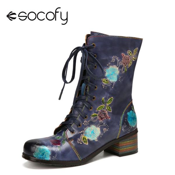

boots socofy women's shoes elegant printed leather comfy wide fit round toe short wear lacing design winter 2021, Black