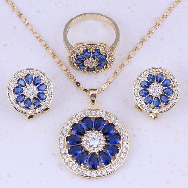 Ohrringe Halskette Magic Blue Crystal Kubikzircon Gelbgold Farbe Schmuck Sets Mode für Frauen Valentinstag Geschenk A0008