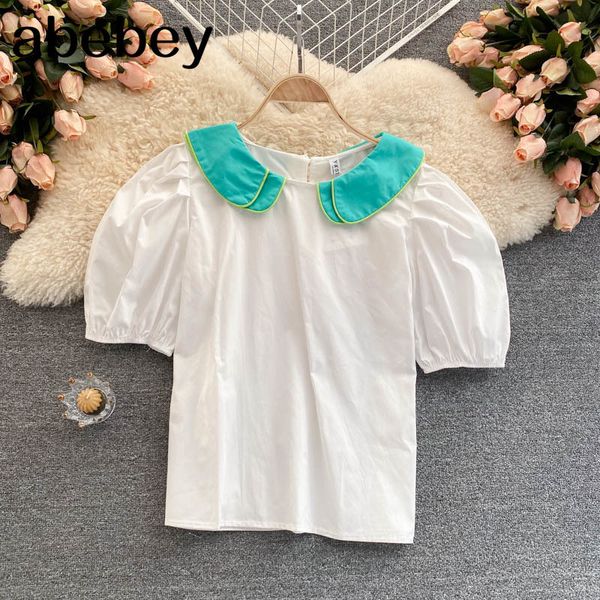 

women bohemian solid blouse korean style sweet peter pan collar short bow streetwear blouses 210512, White