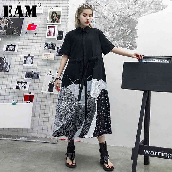 

[eam] women black big size printed drawstring shirt dress lapel short sleeve loose fashion spring summer 1dd7987 21512, Black;gray