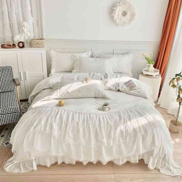 

white duvet cover with exquisite ruffles elegant double layers lace fringe premium egyptian cotton bedding bed sheet pillowshams