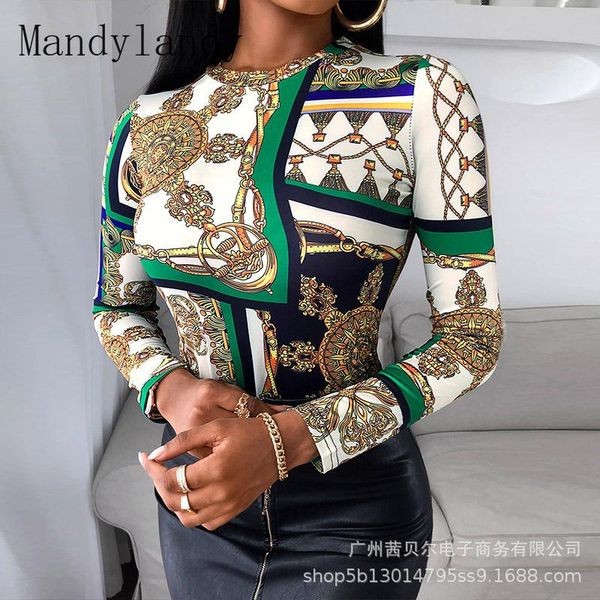 

mandylandy fashionable printed shirt long-sleeved t-shirt women's slim-fit temperament long sleeve slim fits camisetas, White