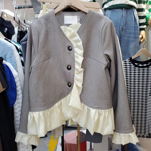 

women's jackets seebeautiful contrast color ruffles spliced loose jacket coat v-neck long sleeve button tide women autumn 2021 fashion, Black;brown