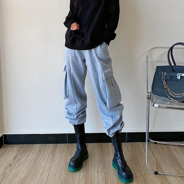

street checkered pocket sweatpants autumn winter high waist grey straight pants cargo trousers dloa women's & capris, Black;white