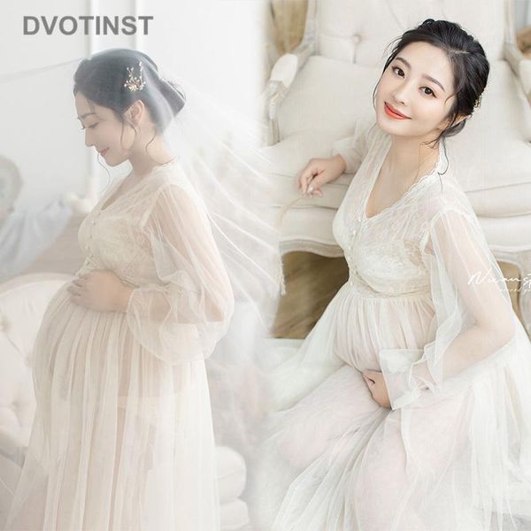 

dvotinst women pography props lace perspective elegant maternity dresses v-neck pregnancy dress studio shoots po, White