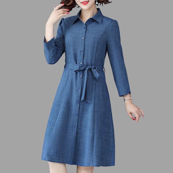 

casual dresses 2021 spring fashion temperament dress women vintage cotton knee-length blue long sleeve a-line, Black;gray