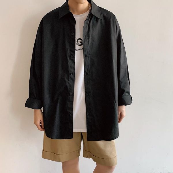 

men's casual shirts brand 2021 spring autumn long sleeves flannel collar korea style white for solid harajuku clothing, White;black