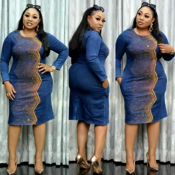 

big size 5xl fashionable women denim drilling dress elegant clothing casual o-neck long sleeve office dresses plus 4xl ethnic, Red
