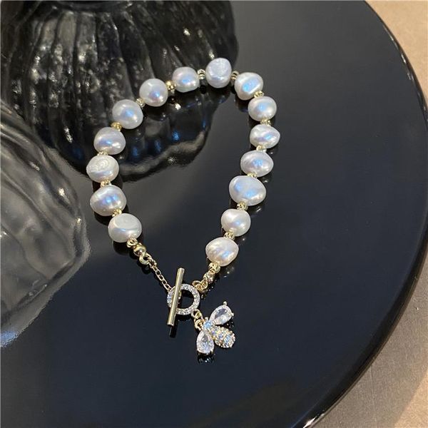 

charm bracelets hand made natural fresh water pearls bracelet little bee decorated cute gold for women 14kt jewelry, Golden;silver