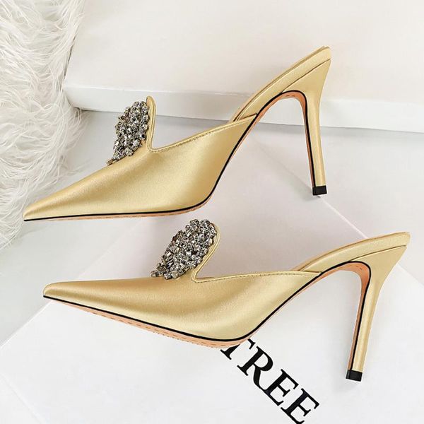 

slippers luxury women 10.5cm high heels slides mules designer lady gold silver closed toe crystal outsides prom rb137, Black