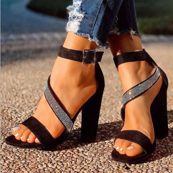 

women summer chunky high heels sandals pumps shoes woman shiny crystal deco party sandalias mujer sapato feminino d1159, Black