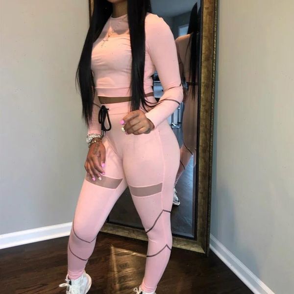 

autumn winter set o neck womens tracksuits full sleeve crop long pants suits mesh two piece sporty outfits, Gray