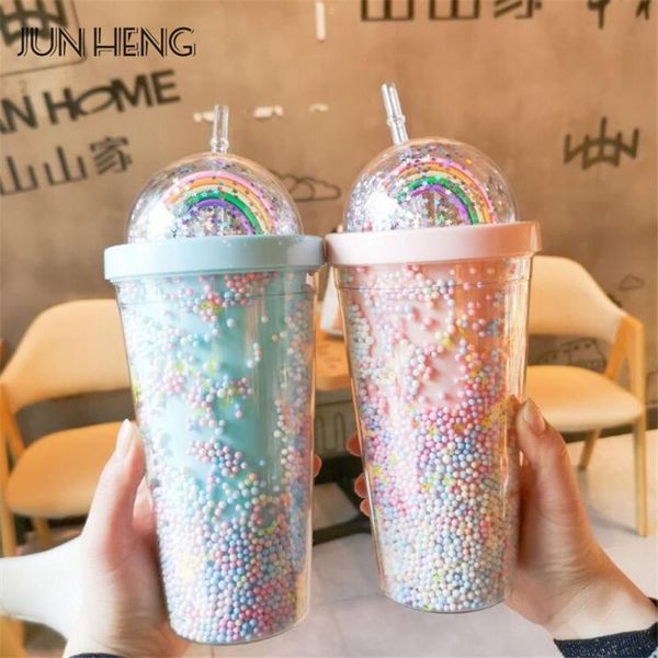 

550ml rainbow double plastic water bottle with straw korean creative lovely cup milk, juice, coffee cups & saucers