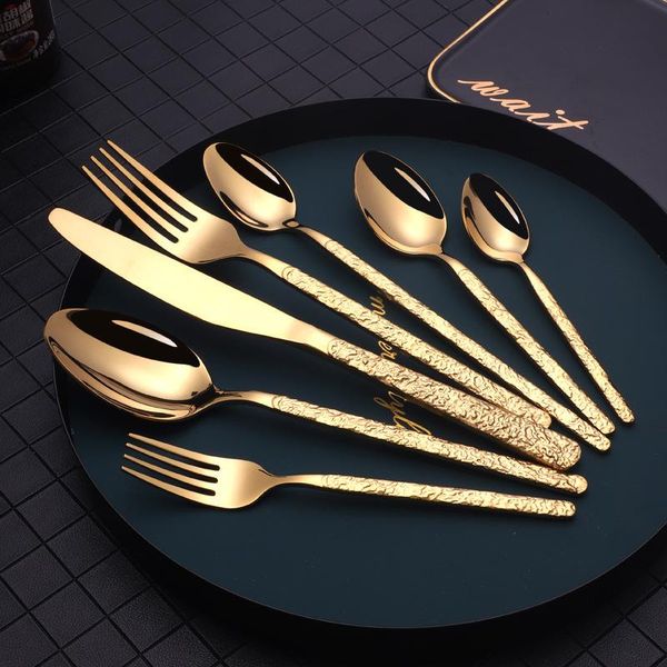 

42pcs cutlery knife and fork european embossed western tableware retro stainless steel dinnerware sets spoon