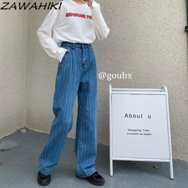 

spring/autumn high waist loose jeans woman straight stripe full length denim casual wide leg pants women's, Blue