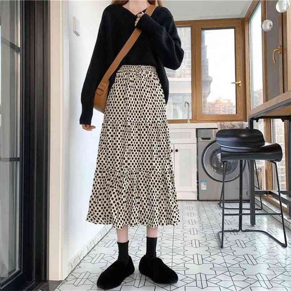 

autumn & winter elastic high waist slimming simple polka dot cake skirt wild casual women a-line pleated 210527, Black