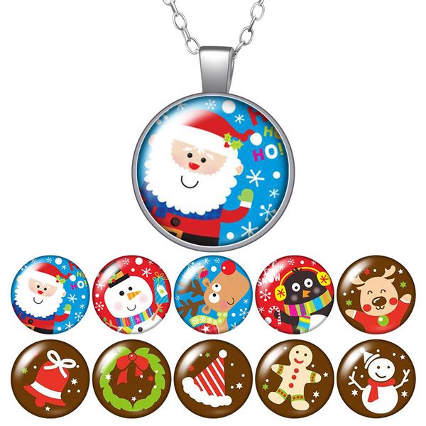 

christmas cartoon santa claus snowman round pendant necklace glass cabochon silver color jewelry women party birthday gift 50cm