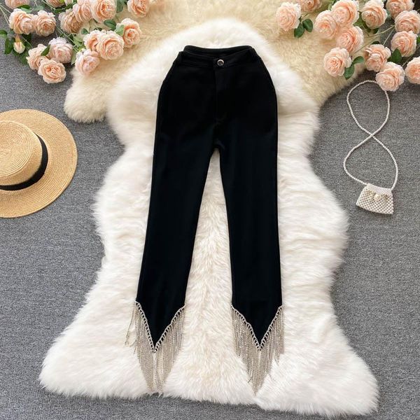 

women's pants & capris high street drilling black tassels skinny trend 2021 autumn women elegant all-match ankle-length leggings, Black;white