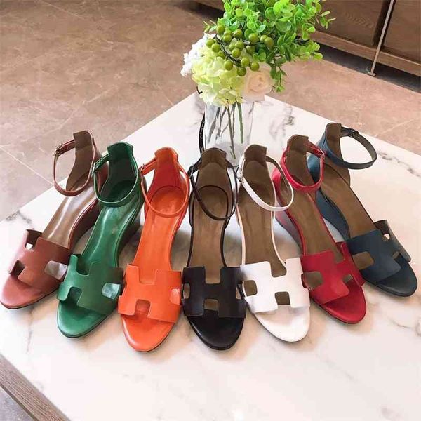 

2021 summer classics genuine leather ankle-warp open-toes wedges woman sandals zapatos de mujer, Black