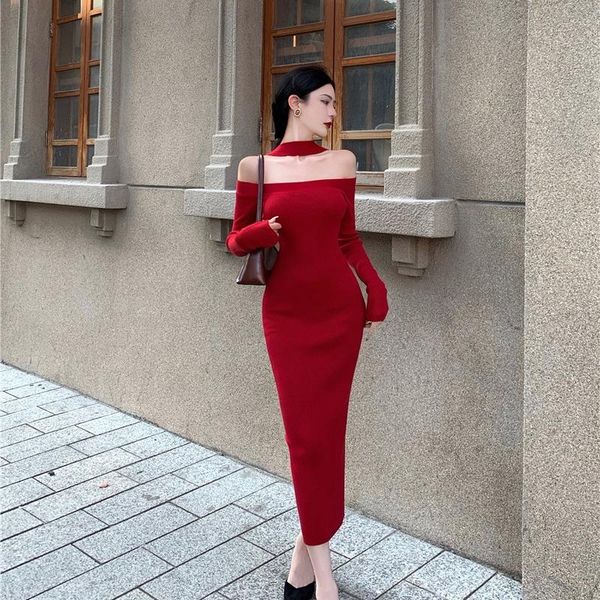 

casual dresses bodycon dress elegant club slash neck autumn winter vintage style black long for women red vestido feminino, Black;gray