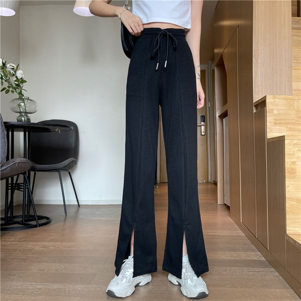 

capris ytx201 the korean version of loose and thin drape high waist wide leg straight slit pants with slits, Black;white