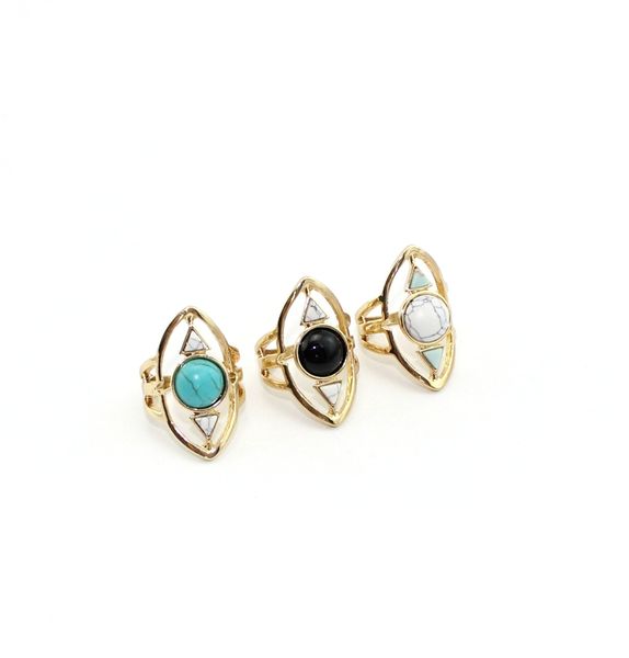 

fashion gold plated triangle round natural stone howlite ring geometry white blue turquoise ring for women jewelry, Golden;silver