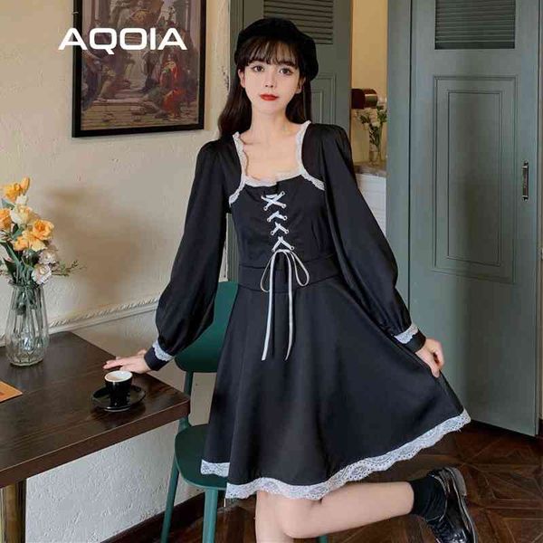 

spring lolita style bandage women mini dress long sleeve plus size square collar kawaii cosplay lace party ladies dresses 210521, Black;gray